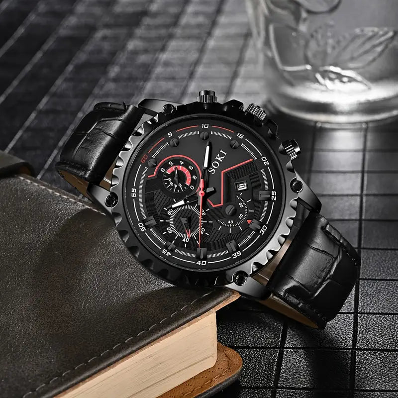 Men’s Oversized Quartz Sports Watch with Calendar – Casual Fashion PU Strap