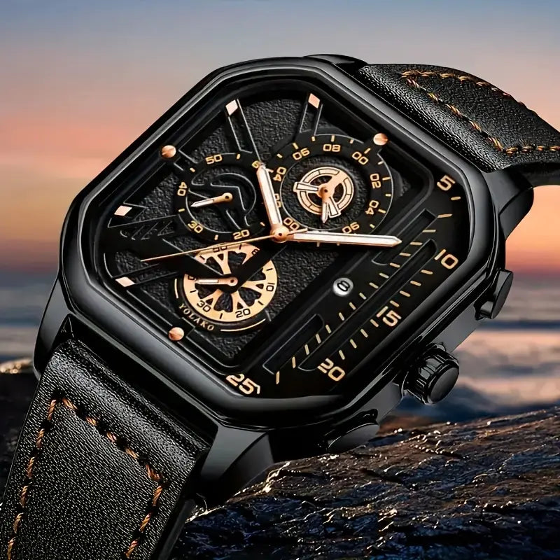 Men’s Vintage Sports Chronograph Quartz Watch – Square Dial with Calendar