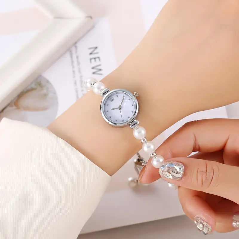 ⌚ Stylish Pearl Beaded Quartz Watch – Elegant Adjustable Strap