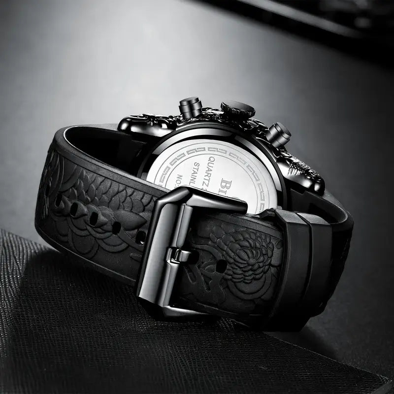 Men’s Black Dragon Chronograph Quartz Watch – Waterproof, Big Dial with Date Display