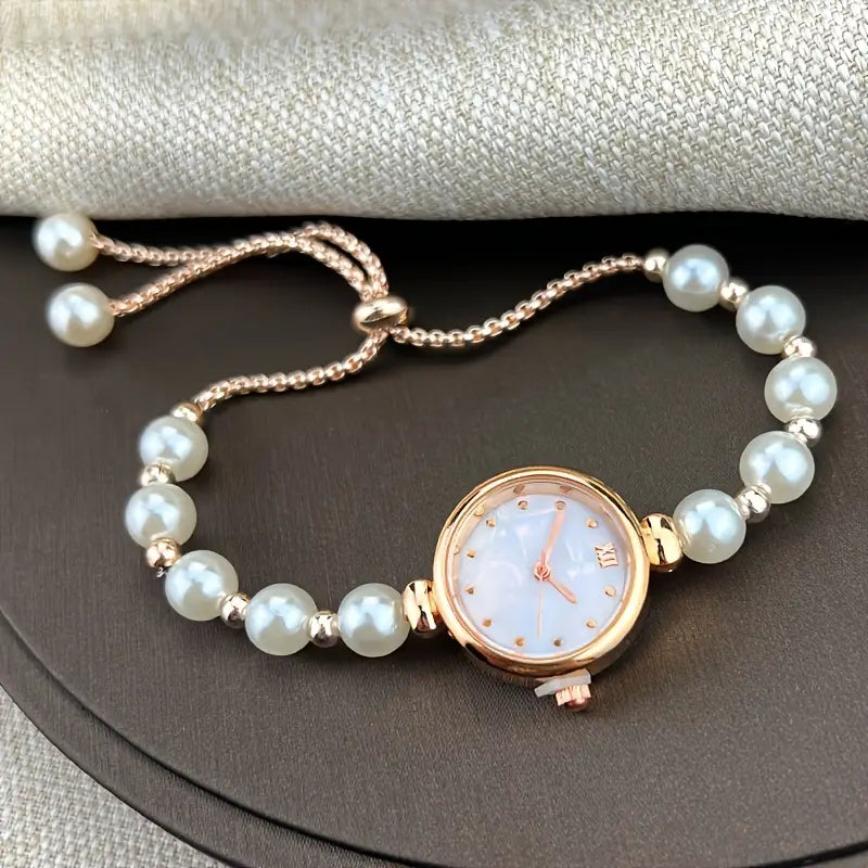 ⌚ Stylish Pearl Beaded Quartz Watch – Elegant Adjustable Strap