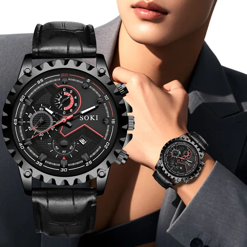 Men’s Oversized Quartz Sports Watch with Calendar – Casual Fashion PU Strap