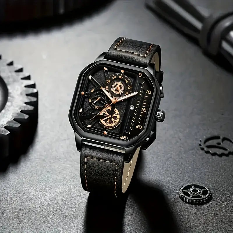 Men’s Vintage Sports Chronograph Quartz Watch – Square Dial with Calendar