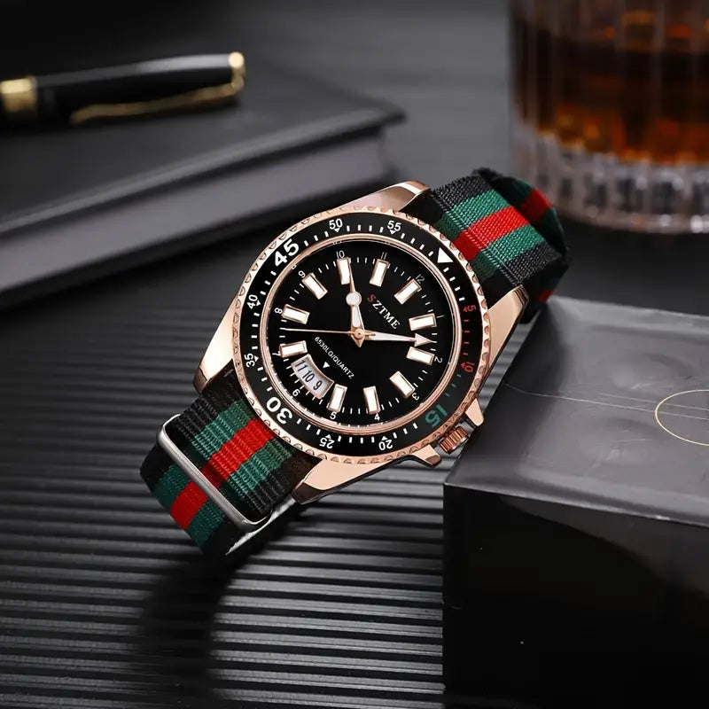SZTME Trendy Men’s Quartz Watch – Rose Gold Case, Nylon Strap, Calendar & World Time