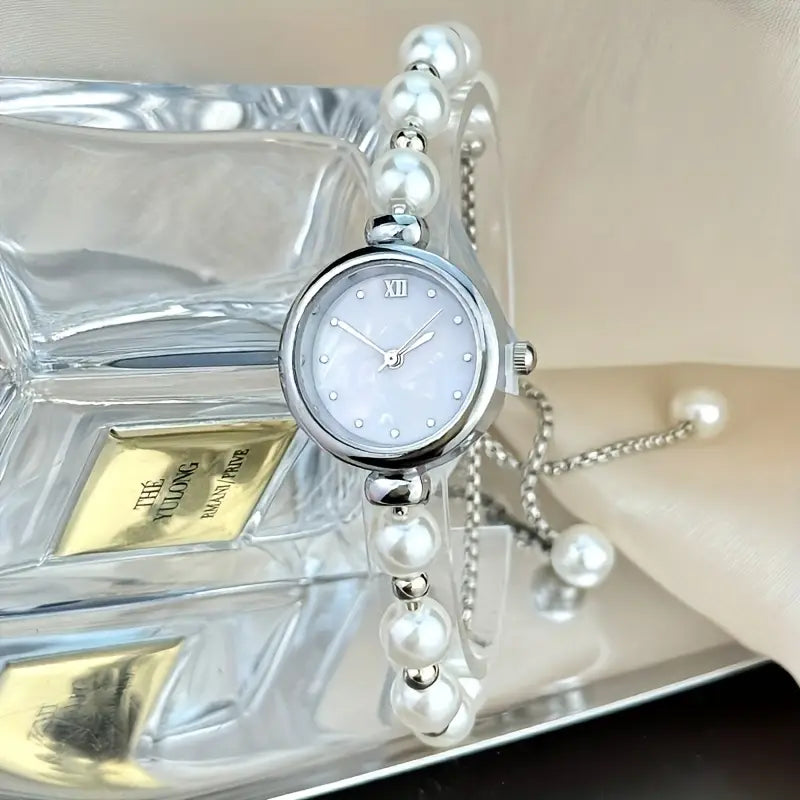 ⌚ Stylish Pearl Beaded Quartz Watch – Elegant Adjustable Strap