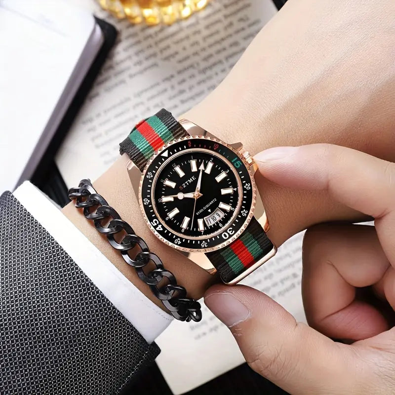 SZTME Trendy Men’s Quartz Watch – Rose Gold Case, Nylon Strap, Calendar & World Time