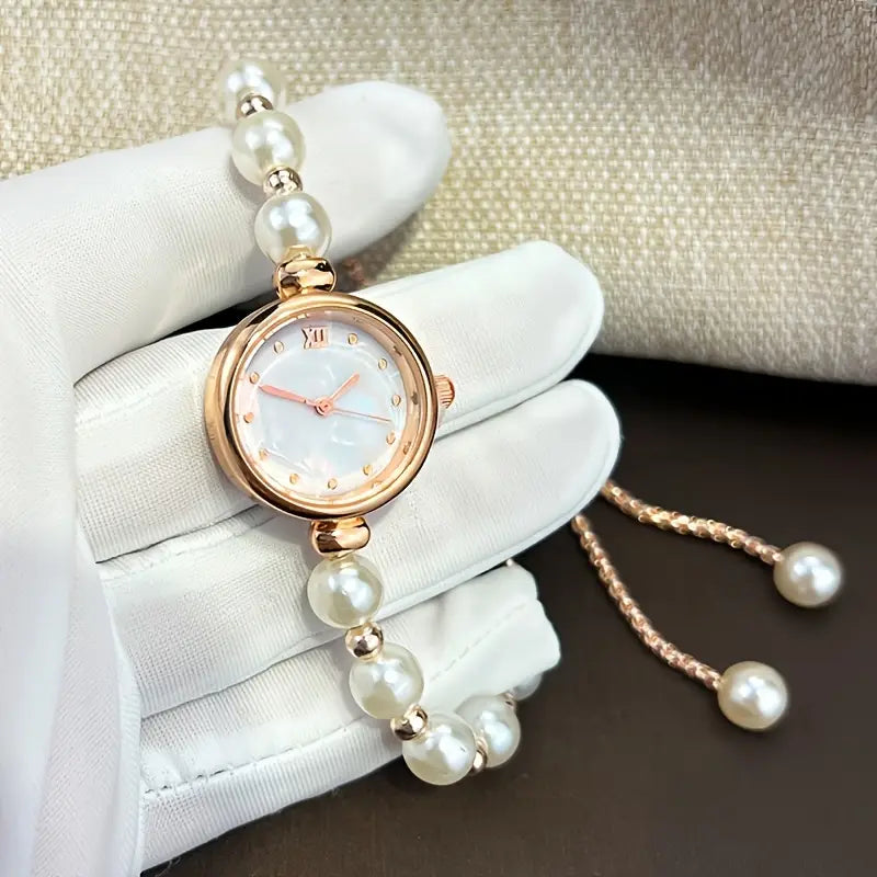 ⌚ Stylish Pearl Beaded Quartz Watch – Elegant Adjustable Strap