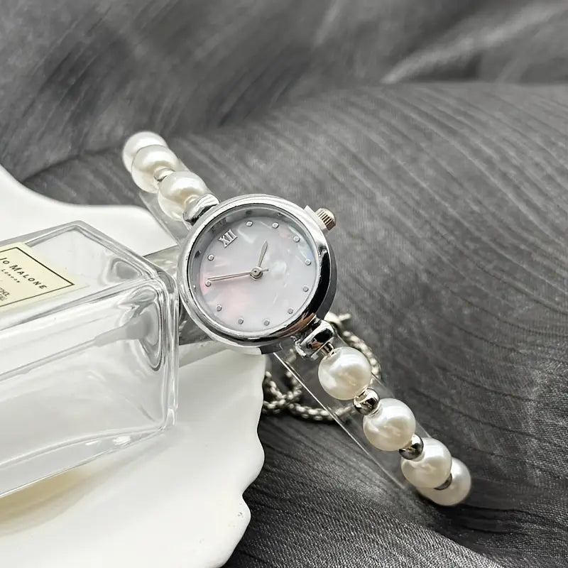 ⌚ Stylish Pearl Beaded Quartz Watch – Elegant Adjustable Strap
