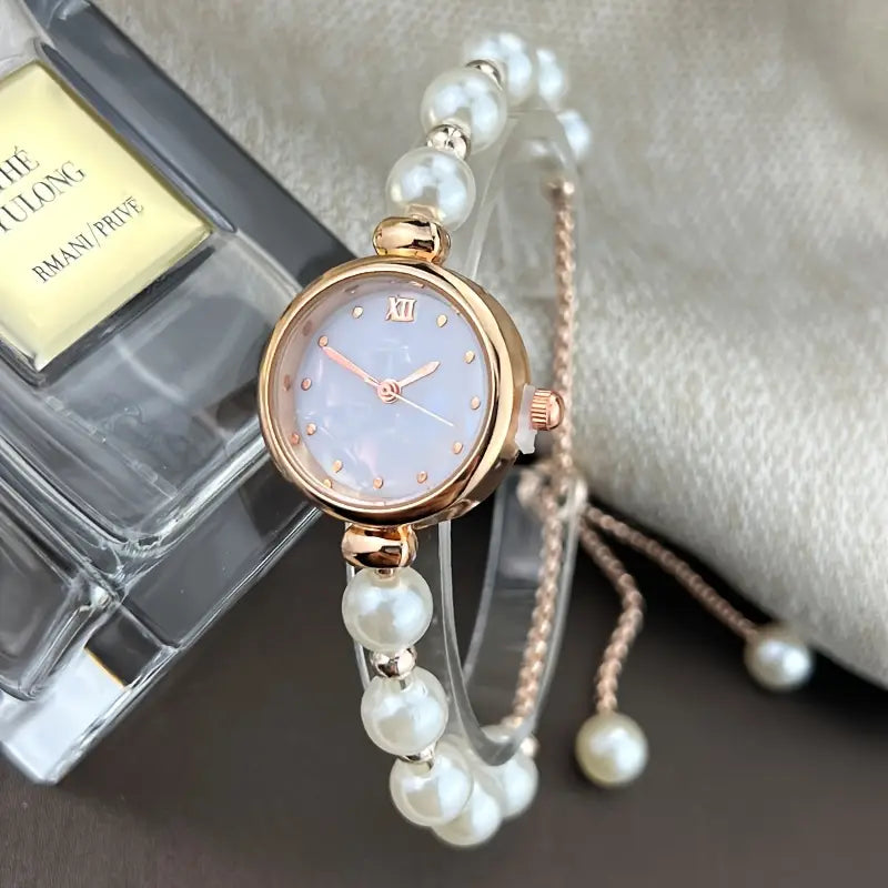 ⌚ Stylish Pearl Beaded Quartz Watch – Elegant Adjustable Strap