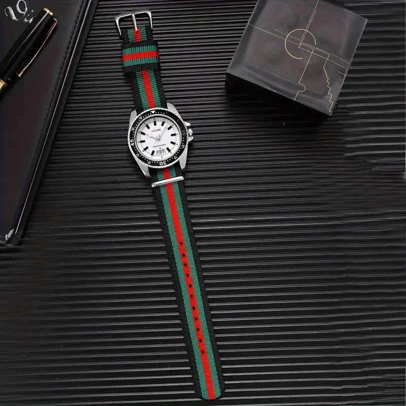SZTME Trendy Men’s Quartz Watch – Rose Gold Case, Nylon Strap, Calendar & World Time