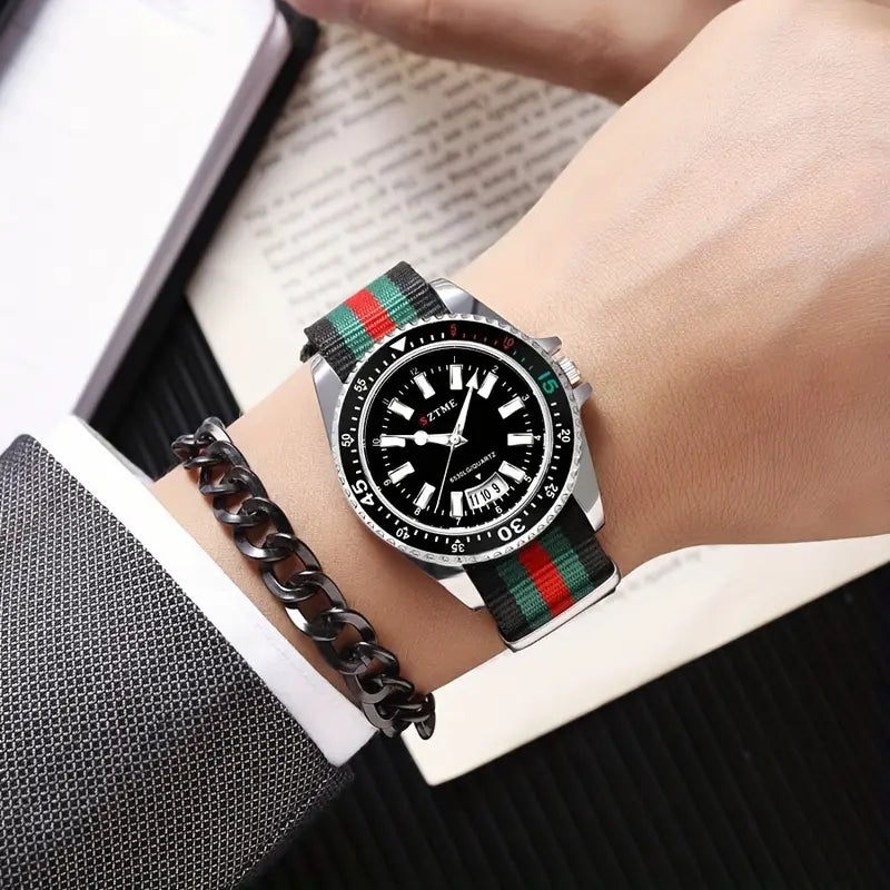 SZTME Trendy Men’s Quartz Watch – Rose Gold Case, Nylon Strap, Calendar & World Time