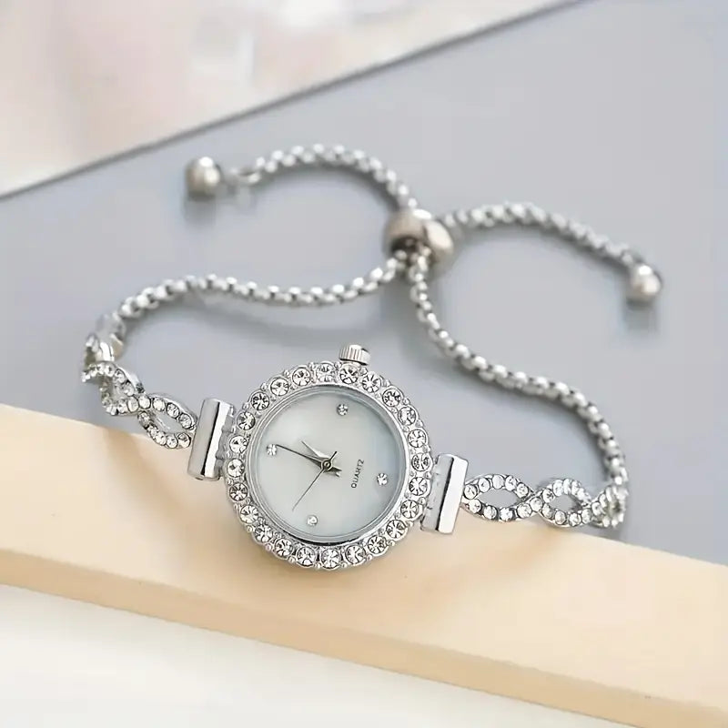 🌹 Elegant Women’s Quartz Watch Set – Sparkling Rhinestone Chic Design