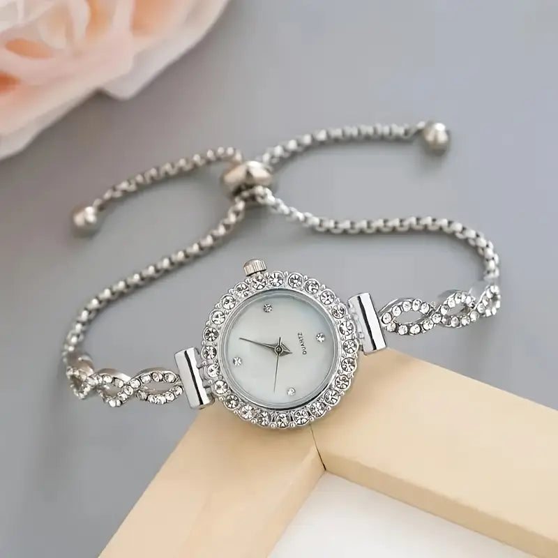 🌹 Elegant Women’s Quartz Watch Set – Sparkling Rhinestone Chic Design