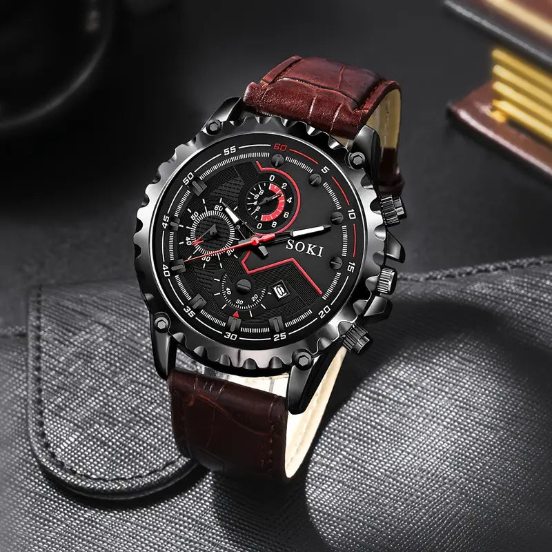 Men’s Oversized Quartz Sports Watch with Calendar – Casual Fashion PU Strap