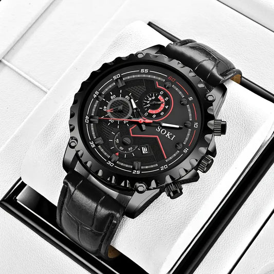 Men’s Oversized Quartz Sports Watch with Calendar – Casual Fashion PU Strap