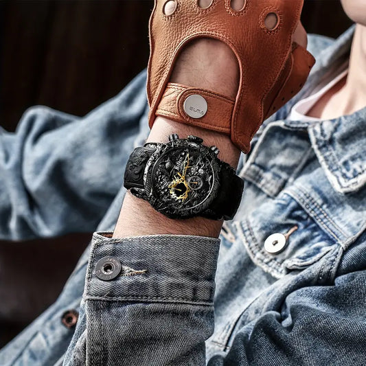 Men’s Black Dragon Chronograph Quartz Watch – Waterproof, Big Dial with Date Display