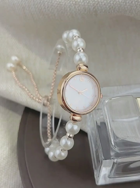 ⌚ Stylish Pearl Beaded Quartz Watch – Elegant Adjustable Strap